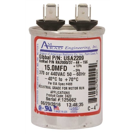 Amrad Engineering ROUND MOTOR RUN CAPACITOR, 15 MFD, 370/440 VAC USA2209